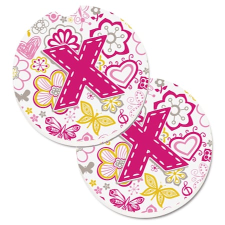 Carolines Treasures Letter x Flowers and Butterflies Pink Set of 2 Cup Holder Car Coaster CJ2005-XCARC